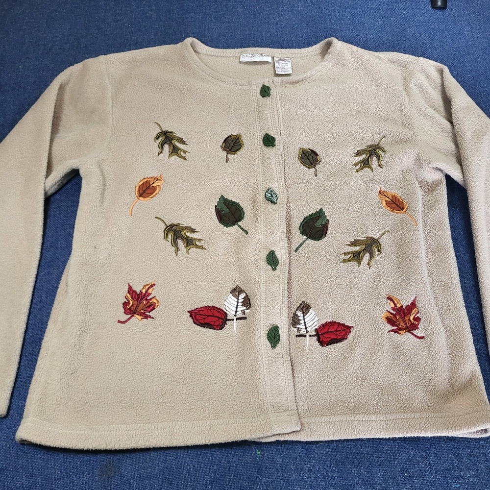 Nick & Sarah Tan Fleece Cardigan Large Embroidered Fall Leaves Leaf Buttons